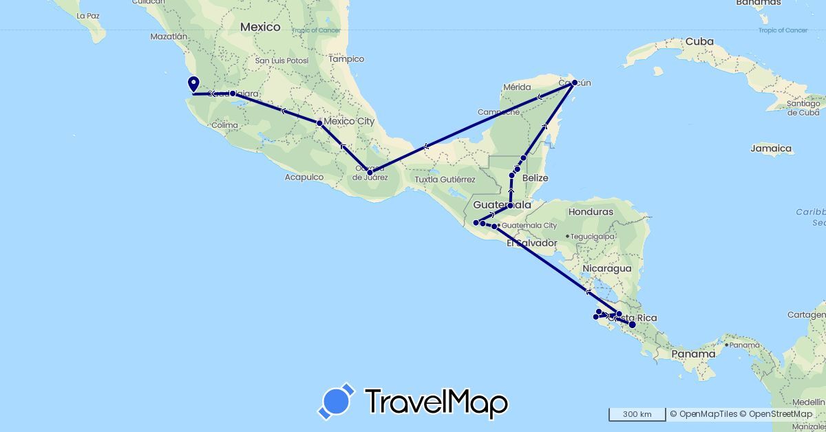 TravelMap itinerary: driving in Costa Rica, Guatemala, Mexico (North America)
